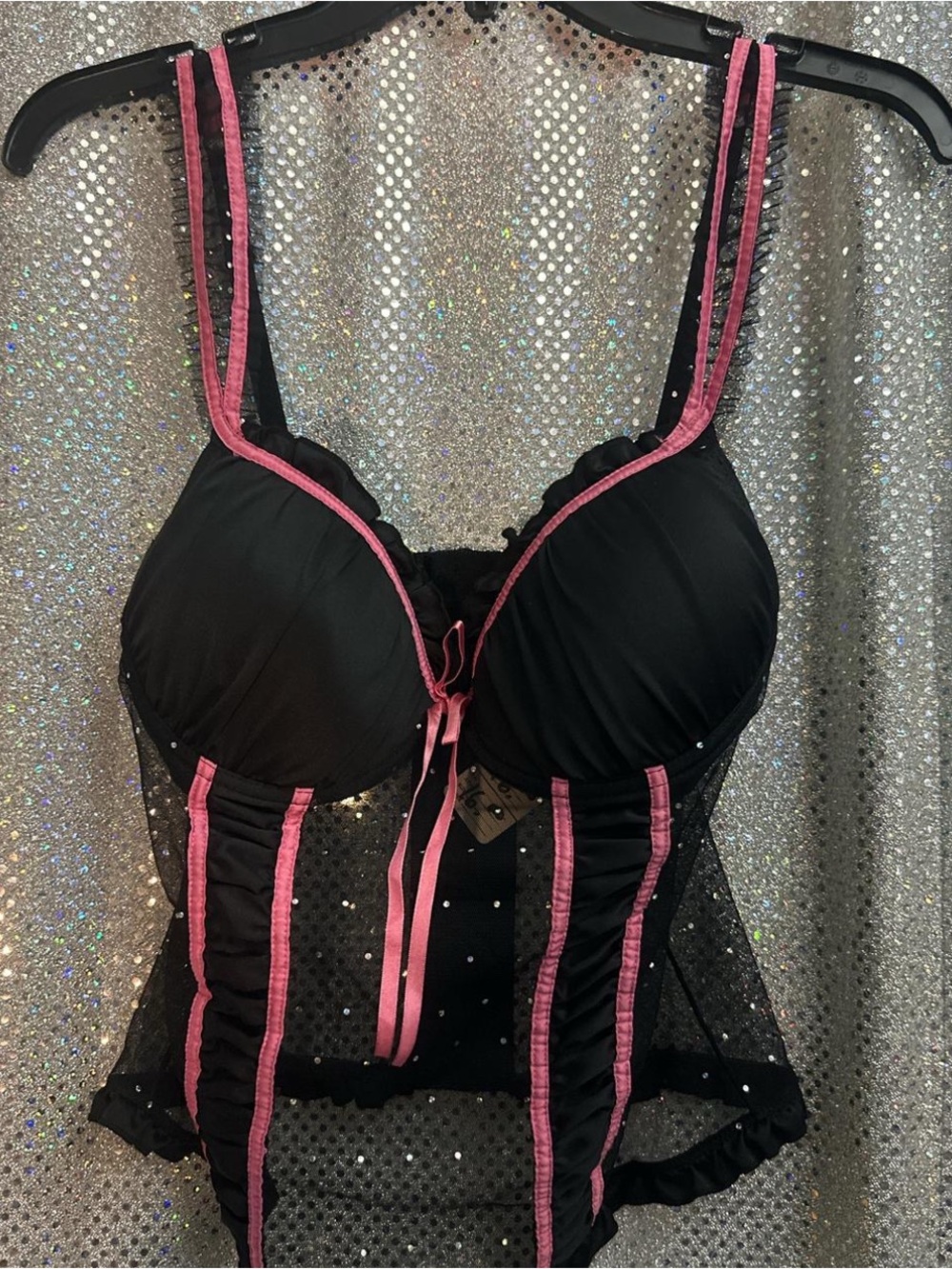Black & Pink Lace Trim Bustier - Women's Intimates